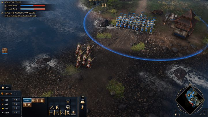 After 7 minutes, small squads of Mongolian Scouts will show up on both sides of the river - Age of Empires 4: Great Stand on the Ugra River (The Rise of Moscow) - walkthrough - The Rise of Moscow - Age of Empires 4 Guide