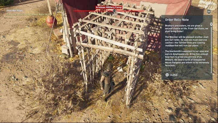 Walkthrough: At the beginning of your mission you must get the Order Relic from the enemy camp - AC Odyssey Legacy of the first blade: Side Quests - Episode 1 - Side Quests - Assassins Creed Odyssey Guide