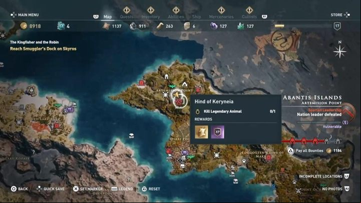 Location: Artemision Point, Eubea - Hind of Keryneia (Eubea) - Hunting for Seven Beasts in Assassins Creed Odyssey - Hunting for Seven Beasts - Assassins Creed Odyssey Guide
