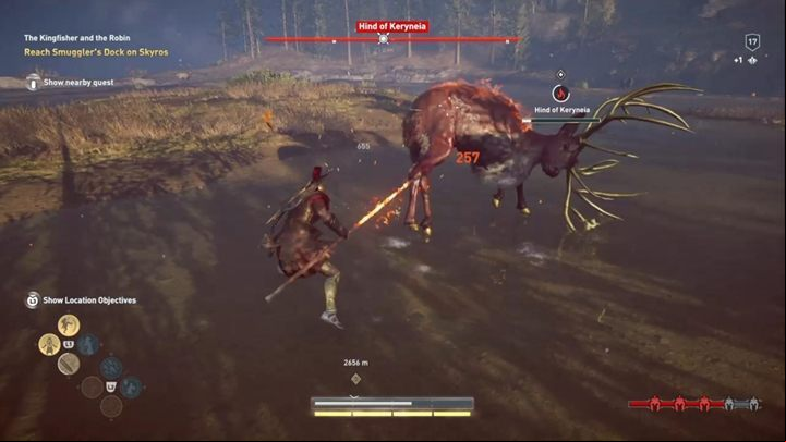 Use special attacks, set fire to the enemy, poison the enemy and move away to regenerate your wounds - Hind of Keryneia (Eubea) - Hunting for Seven Beasts in Assassins Creed Odyssey - Hunting for Seven Beasts - Assassins Creed Odyssey Guide