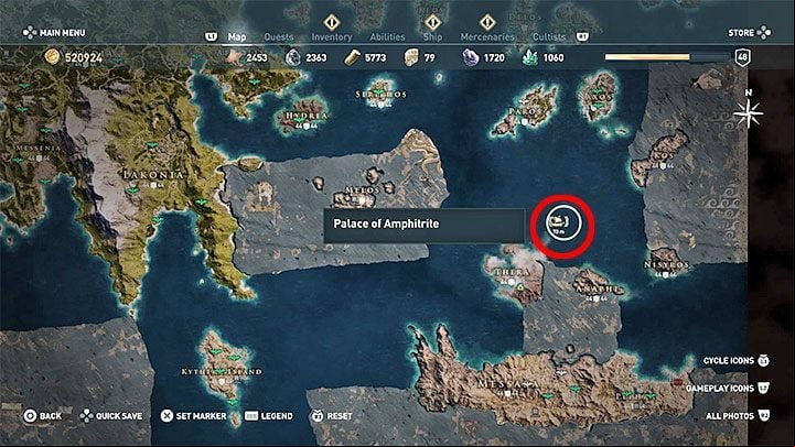 Chest location: Underwater Palace of Amphitrite, north-east of the island of Thera (southeastern part of the world map) - AC Odyssey: Legendary Chests - Best builds - Assassins Creed Odyssey Guide