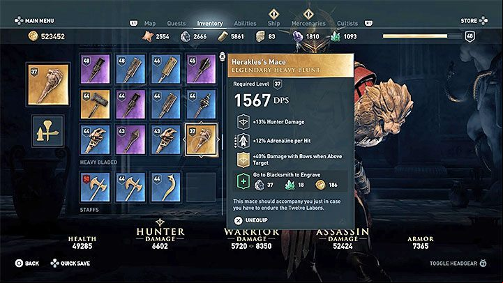 Item stats and type: White weapon, heavy blunt weapons - AC Odyssey: Legendary Chests - Best builds - Assassins Creed Odyssey Guide