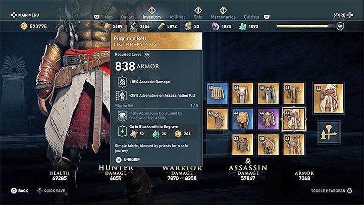 Item stats and type: Belt from the legendary set - AC Odyssey: Legendary Chests - Best builds - Assassins Creed Odyssey Guide