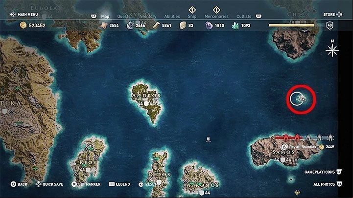 Chest location: A small island with a statue of Poseidon north of the island of Samos (the western part of the world map) - AC Odyssey: Legendary Chests - Best builds - Assassins Creed Odyssey Guide