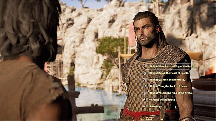 After entering the Arena, talk to Skoura - AC Odyssey: How to get to Arena? How to unlock Arena? - FAQ - Assassins Creed Odyssey Guide