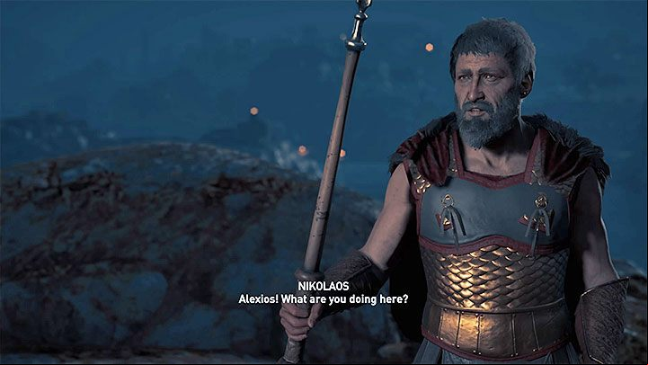If Nikolaos did not die in the second chapter, you will notice him upon the arrival to the island - it is shown in picture 1 - AC Odyssey: Where to find Nikolaos? - FAQ - Assassins Creed Odyssey Guide