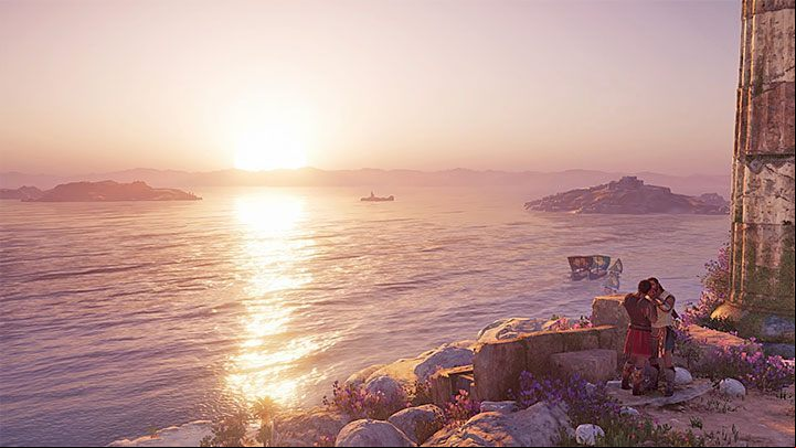 Start the meeting in ruins by choosing a dialog with a heart icon - AC Odyssey: Thaletas - Romance - Romances - Assassins Creed Odyssey Guide