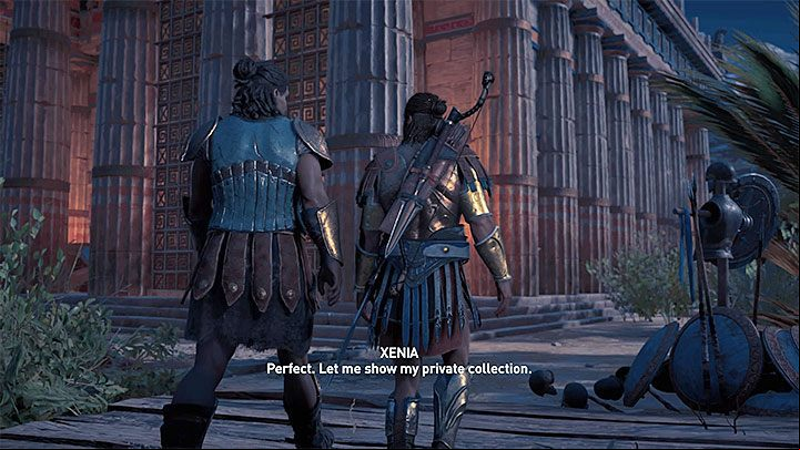 After you return with your last treasure to Xenia, once again choose the dialog option marked with a heart - AC Odyssey: Xenia - Romance - Romances - Assassins Creed Odyssey Guide