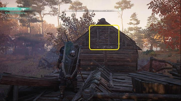 The main door is barricaded, but you can get into the building through the roof - Assassins Creed Valhalla: Road to Hamartia - Eurvicscire - Assassins Creed Valhalla Guide and Walkthrough