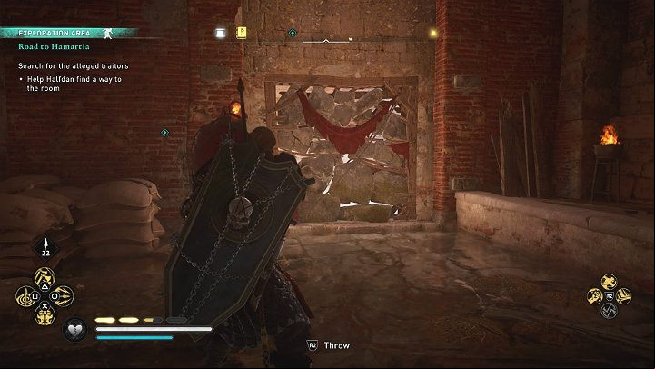 Take an oil jug (you will find it in the room to the right of the entrance) and break the boulders blocking the age to this room so that Halfdan can you - Assassins Creed Valhalla: Road to Hamartia - Eurvicscire - Assassins Creed Valhalla Guide and Walkthrough