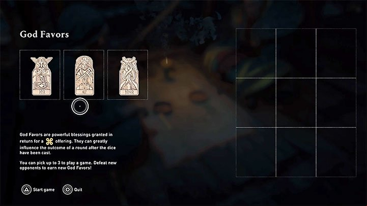 You can choose up to three God Favors when you each game - Assassins Creed Valhalla: Orlog - how to win the dice game? - Basics - Assassins Creed Valhalla Guide and Walkthrough
