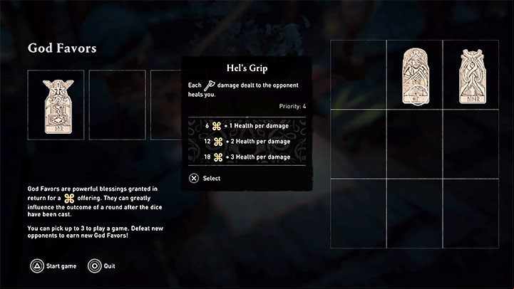 In the game, it's possible to regenerate the lost stones through a God Favor - an example of a favor that allows you to regenerate health is shown in the picture - Assassins Creed Valhalla: Orlog - how to win the dice game? - Basics - Assassins Creed Valhalla Guide and Walkthrough