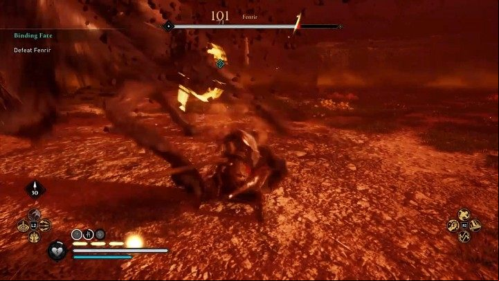 If you want to use melee weapons, wait until Fenrir has completely dug himself out of the ground, as he is invulnerable to blows during the animation, then position yourself behind his hind paws and get some quick attacks in - Assassins Creed Valhalla: Fenrir boss fight - how to win? - Bosses - Assassins Creed Valhalla Guide and Walkthrough