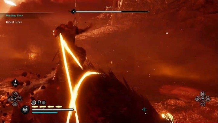 Once Fenrir's health drops by about 1/3rd of the bar, you'll be able to grab Gleipnir and bind your opponent tighter - Assassins Creed Valhalla: Fenrir boss fight - how to win? - Bosses - Assassins Creed Valhalla Guide and Walkthrough