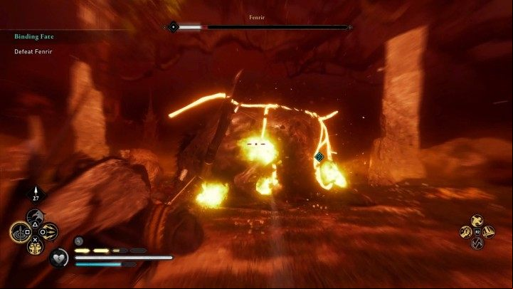 Keep your opponent at a distance and target his weak spots, or hold your position behind his hind legs and attack with a melee weapon, and over time you'll be able to reduce Fenrir's health points to zero - Assassins Creed Valhalla: Fenrir boss fight - how to win? - Bosses - Assassins Creed Valhalla Guide and Walkthrough
