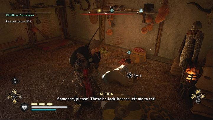 Enter the building and take Alfida on your back (she can't go by herself because she sprained her ankle) and then take her outside the camp - Assassins Creed Valhalla: Childhood Sweetheart - Essexe - Assassins Creed Valhalla Guide and Walkthrough