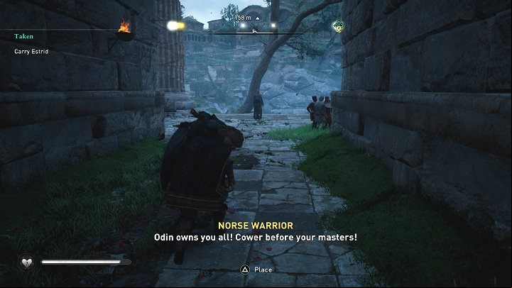 Once the square is clear, tie Estrid up, put her on your back and head towards the objective point - Assassins Creed Valhalla: Taken - Essexe - Assassins Creed Valhalla Guide and Walkthrough