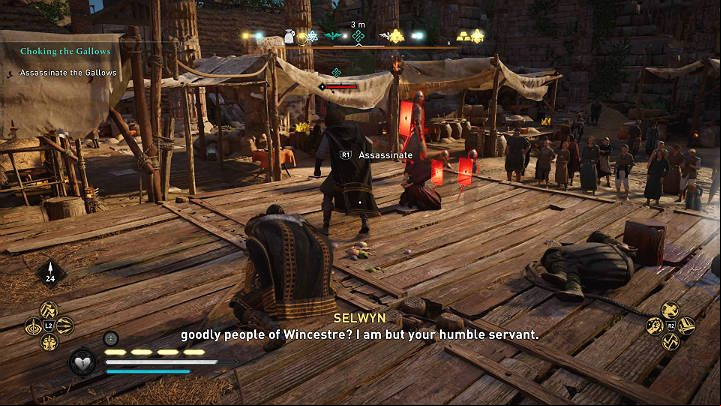 After the execution, The Gallows will stay on a wooden platform so you can go in from behind and eliminate him with the Hidden Blade - Assassins Creed Valhalla: Choking the Gallows - Wincestre - Assassins Creed Valhalla Guide and Walkthrough