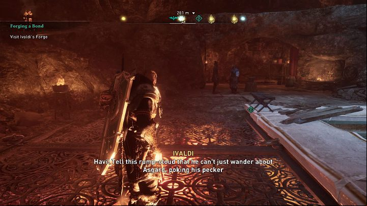 As soon as you enter Ivaldi's forge, you will notice that the Builder has also come to speak with the dwarf, something the latter fellow is clearly not happy about - Assassins Creed Valhalla: Forging a Bond - Asgard - Assassins Creed Valhalla Guide and Walkthrough