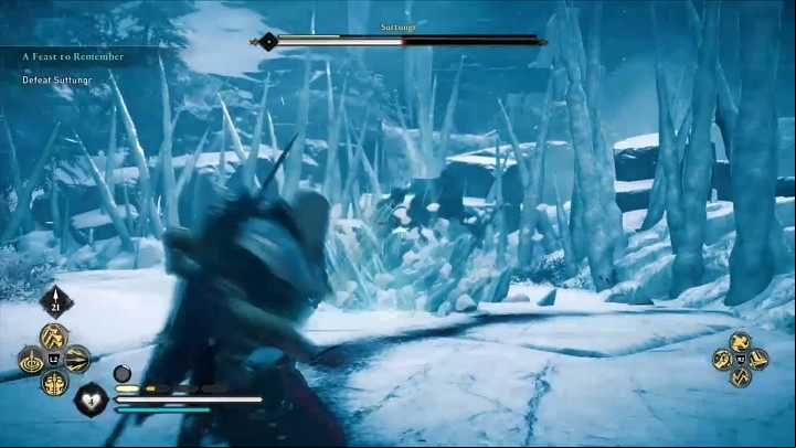 When the enemy's health drops below 50%, the boss will snatch one of the icicles and turn it into an axe with very long attack range - Assassins Creed Valhalla: A Feast to - Jotunheim - Assassins Creed Valhalla Guide and Walkthrough
