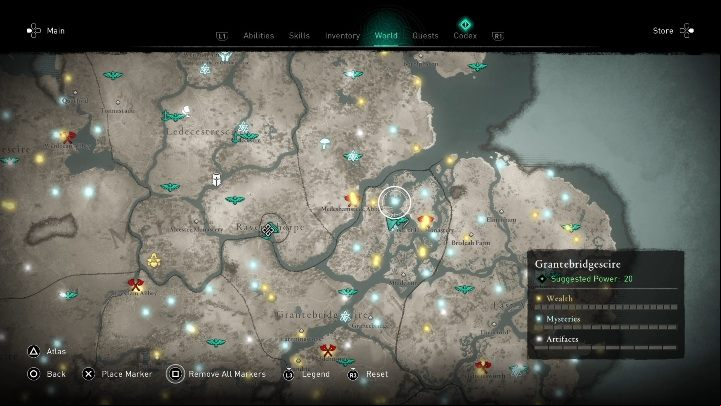 The mask in the Grantebridgescire region can be found in the northern part - Assassins Creed Valhalla: Roman artifact - Grantebridgescire secrets, locations - Grantebridgescire - Assassins Creed Valhalla Guide and Walkthrough
