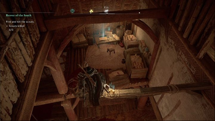 From the beams holding the ceiling, you have to drop down to the floor and then reach the table where the Rigsogur fragment lies - Assassins Creed Valhalla: Rigsogur Fragment - Suthsexe secrets, locations - Suthsexe - Assassins Creed Valhalla Guide and Walkthrough