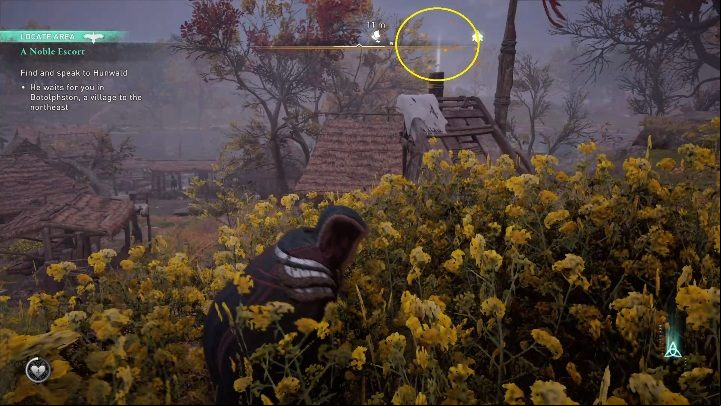 Beginning: The paper is located on a wooden pole, near a meadow with yellow flowers - Assassins Creed Valhalla: Flying Paper - Lincolnscire secrets, locations - Lincolnscire - Assassins Creed Valhalla Guide and Walkthrough