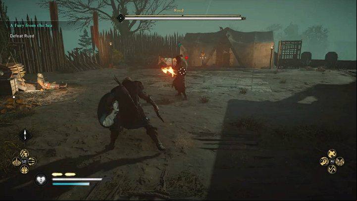 Rued also has one ranged attack and will try to hit you with a flaming weapon - Assassins Creed Valhalla: Rued boss fight - how to win? - Bosses - Assassins Creed Valhalla Guide and Walkthrough