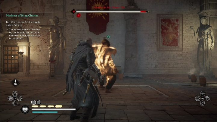 You must drag the stunned opponent into the fire - this will deal him a lot of damage - AC Valhalla Siege of Paris: The Madness of King Charles - Main missions - Assassins Creed Valhalla Guide and Walkthrough
