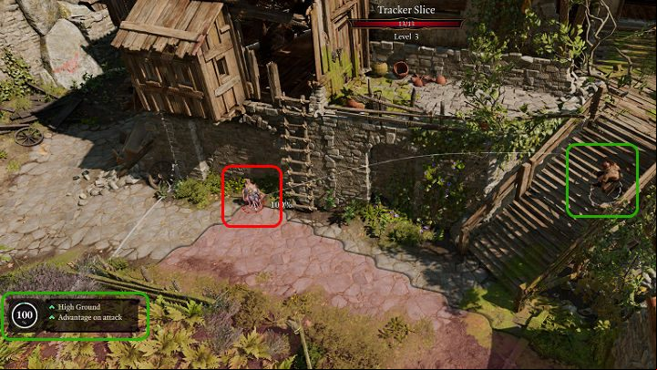 In the above picture, you can see a situation in which the hero (Ranger) is crouched near the stairs (High Ground) and aims at the enemy, which is located below the current position of the character, so that the chance of a successful attack increased to a maximum level of 100% - Baldurs Gate 3: Combat - turns, action points, mechanics - Basics - Baldurs Gate 3 Guide, Walkthrough