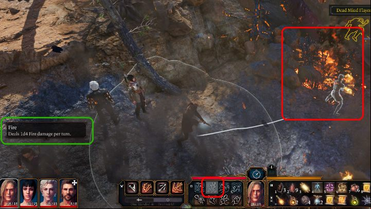 In the above image, you can see a burning area that can be further used to your ends - Baldurs Gate 3: Combat - turns, action points, mechanics - Basics - Baldurs Gate 3 Guide, Walkthrough