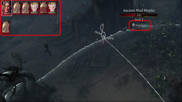 In the above image, you can see a situation in which the player character made a sneak attack and initiated a fight, but due to the fact that all opponents were surprised, they skipped their first round and the hero will be able to attack again, and thus eliminate the first target before the fight a - Baldurs Gate 3: Combat - turns, action points, mechanics - Basics - Baldurs Gate 3 Guide, Walkthrough