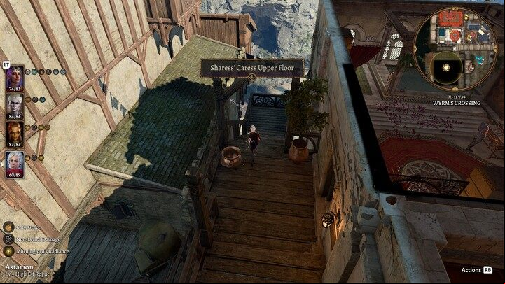 Go back to the halfling, talk to her, and then proceed to Sharess' Caress through the room where Raphael is found - Baldurs Gate 3: Solve the Open Hand Temple Murders - Act 3 - Baldurs Gate 3 Guide, Walkthrough