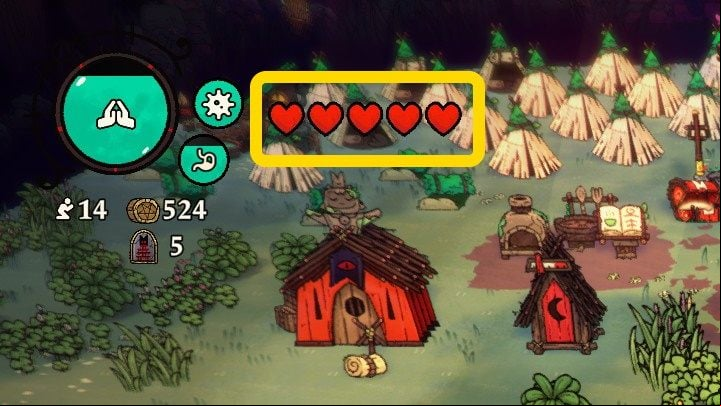 Your base number of Hearts determining how many hits you can take is displayed here - Cult of the Lamb: Game interface - Basics - Cult of the Lamb Guide