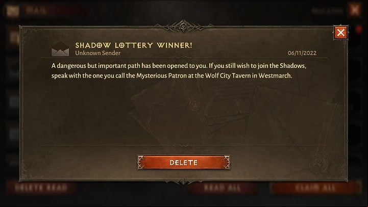 When the lottery ends, you will receive a message from an unknown sender - Diablo Immortal: Shadow Lottery - rules, how to win - Basics - Diablo Immortal Guide