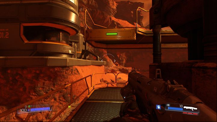A good climbing point is marked by the green lights - Doom: Resource Operations Walkthrough - Walkthrough - Doom Game Guide & Walkthrough