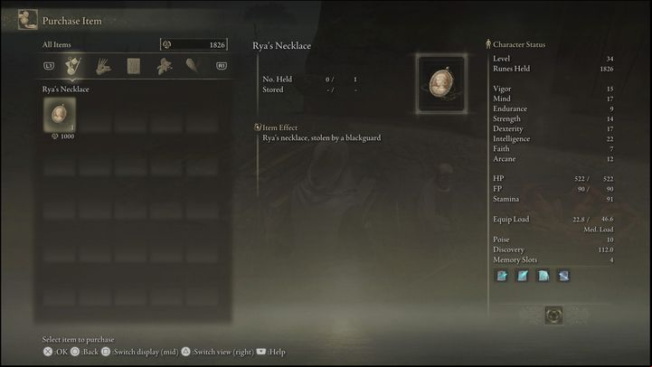 Rya's Necklace will cost you 1000 Runes - Elden Ring: Rya / Zorayas - walkthrough - Quests - Elden Ring Guide