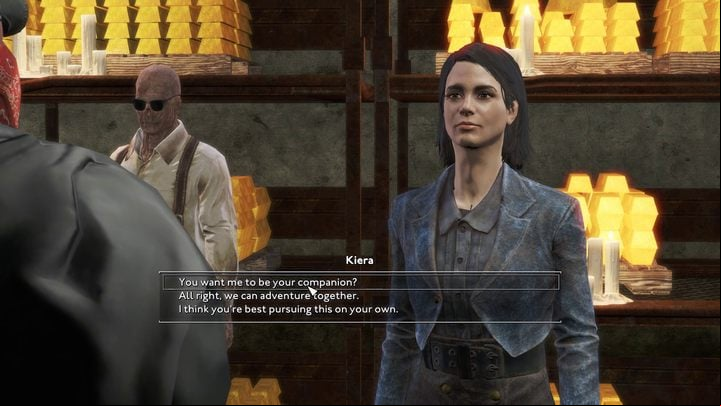 During the conversation, the woman will thank you for your help, tell you some facts about herself, and share some interesting facts about the Bank of England - Fallout London: How to recruit Kiera? - Factions and companions - Fallout London Guide