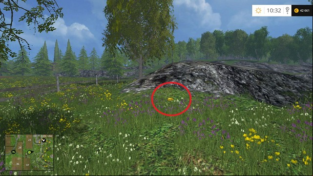 On a fenced meadow, near a rock - Section E - coins 55 - 69 - Gold Coins - Farming Simulator 15 Game Guide