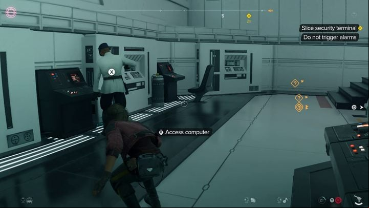 Reach the very end of the balcony and quickly jump down to the floor below through the hole in the railing - Star Wars Outlaws: Truth - walkthrough - Epilogue - Star Wars Outlaws Guide