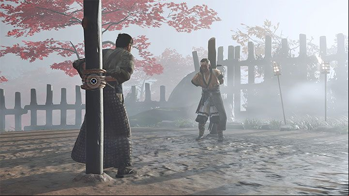 After watching two cut-scenes, you will have to try to free yourself - do this by pressing the X button repeatedly - Ghost of Tsushima: A Reckoning in Blood walkthrough - Act 2 - Ghost of Tsushima Guide, Walkthrough