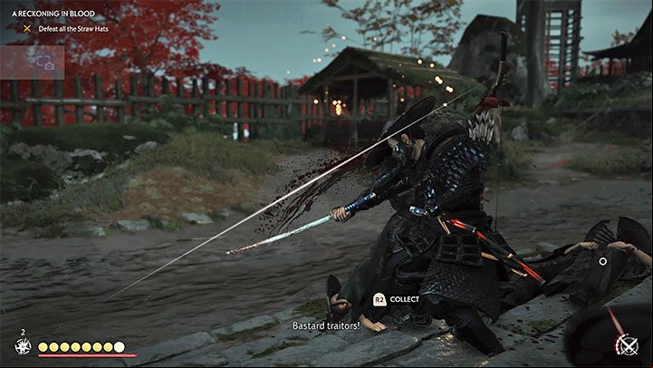 There is a group of opponents in the courtyard - if you react quickly enough, you will be able to do a standoff - Ghost of Tsushima: A Reckoning in Blood walkthrough - Act 2 - Ghost of Tsushima Guide, Walkthrough