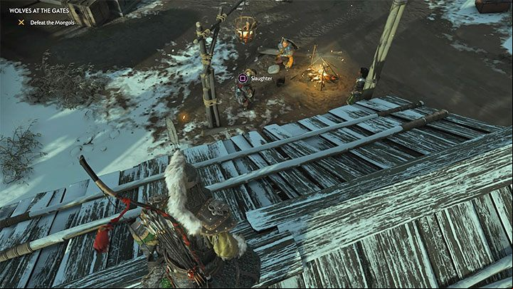 You can easily surprise another opponent patrolling the buildings below - Ghost of Tsushima: Wolves at the Gates walkthrough - Act 3 - Ghost of Tsushima Guide, Walkthrough