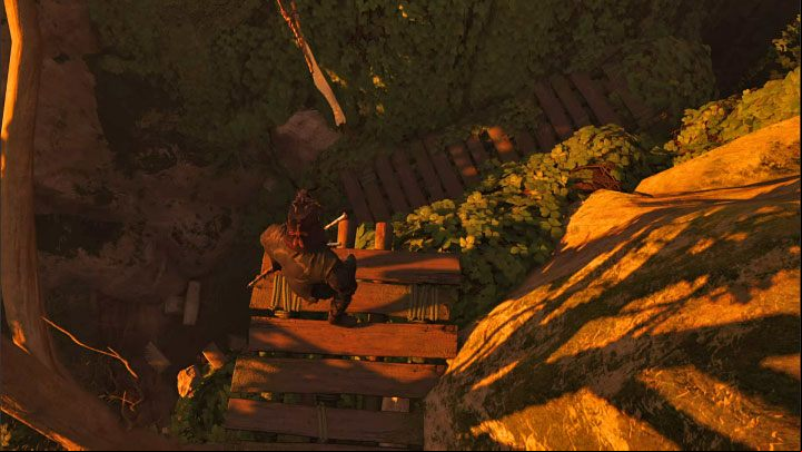 Run along the boards and after reaching the other end of this ledge, jump down to the lower path - Ghost of Tsushima Iki Island: Nakajima Shrine - Secrets and Collectibles - Ghost of Tsushima Guide, Walkthrough