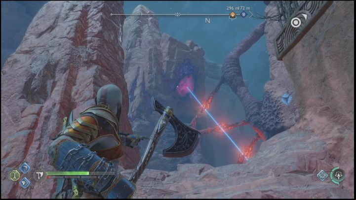 Jump on the blue handle and jump to the nearby rock - God of War Ragnarok: Secret of the Sands - walkthrough - Favors - Alfheim - God of War Ragnarok Guide