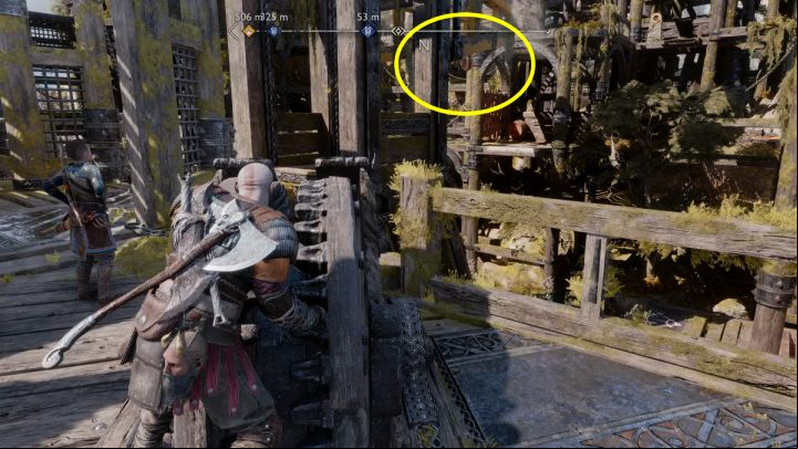 When you enter the first level, approach the crane and lower the platform using the Blades of Chaos - God of War Ragnarok: Althjofs Rig, Svartalfheim - secrets, collectibles - Svartalfheim - God of War Ragnarok Guide
