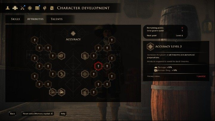 This attribute affects the efficiency of firearms and potions - GreedFall: Attributes - Basics - GreedFall Guide
