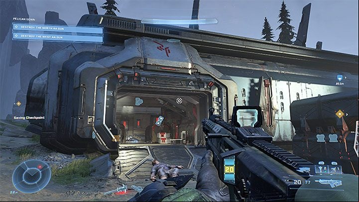 The core is located inside the building shown in the picture, neighboring the northern AA gun - Halo Infinite: Pelican Down (Graveyards) - all Spartan Cores, Audio Logs - Graveyards - Halo Infinite Guide