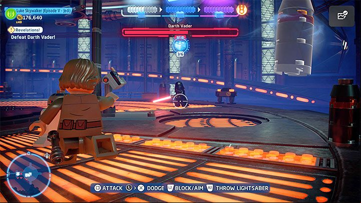 The best way to weaken the boss is to throw the lightsaber (note - in the first phase of the fight, there may be an aiming bug, meaning you would have to use the regular attacks) - LEGO Skywalker Saga: Revelations! - walkthrough - Episode 5 - The Empire Strikes Back - LEGO Skywalker Saga Guide