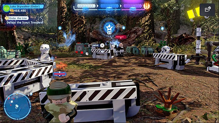 After starting the story mission, you will start fighting immediately, which is when you can optionally complete the challenges described above: In-Fighting and No Safe Place - LEGO Skywalker Saga: Endor the Line - walkthrough - Episode 6 - Return of the Jedi - LEGO Skywalker Saga Guide